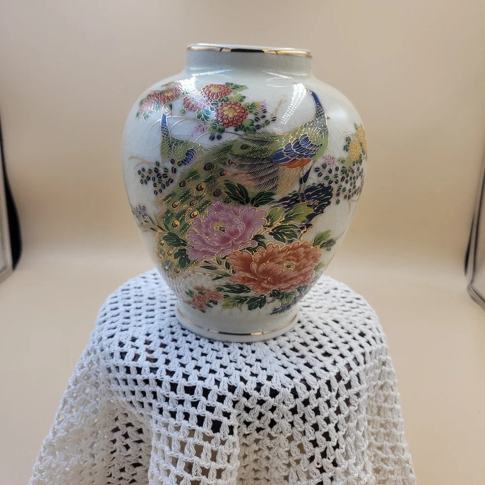 Japanese Satsuma Peacock Crackle Vase Floral Gold Gilt Hand Painted 6 Inch